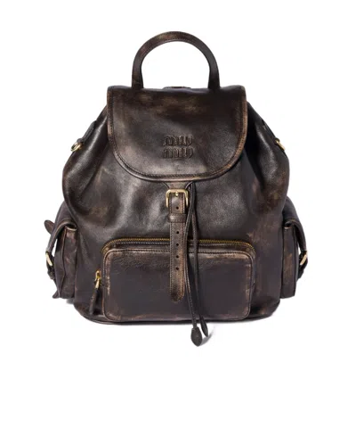 Miu Miu Leather Backpack In Brown