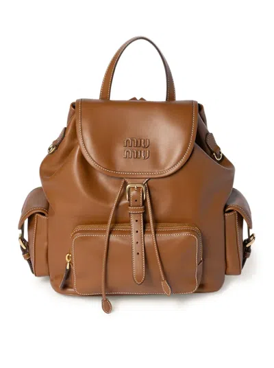 Miu Miu Leather Backpack In Brown