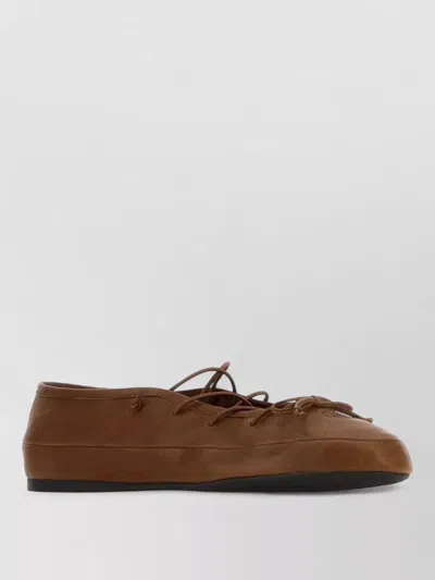 Miu Miu Leather Ballerina Shoes Flat Sole Round Toe In Brown