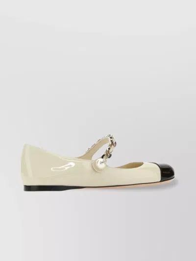 Miu Miu Leather Ballerinas With Strap And Chain In Neutral