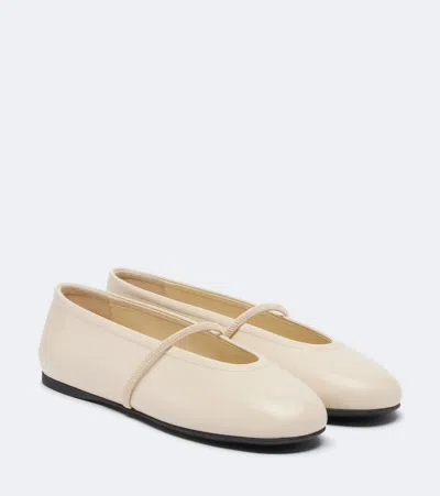 Miu Miu Leather Ballerina Shoes Flat Sole Round Toe In White