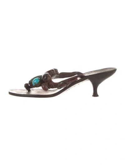 Pre-owned Miu Miu Leather Beaded Accents Slides In Brown