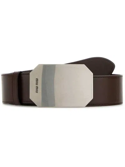 Miu Miu Leather Belt With Adjustable Length And Rectangular Buckle In Brown