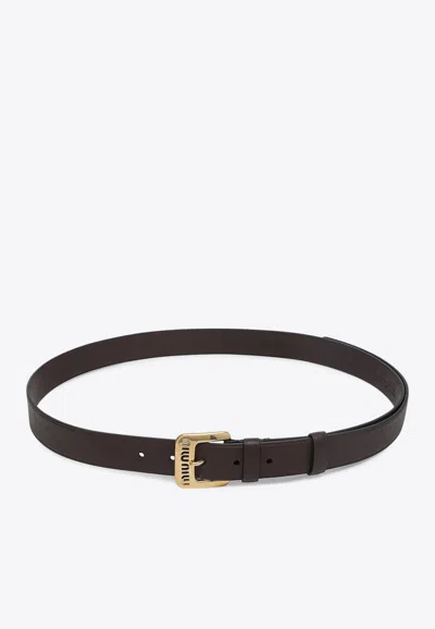 Miu Miu Leather Belt With Logo-engraved Buckle In Brown