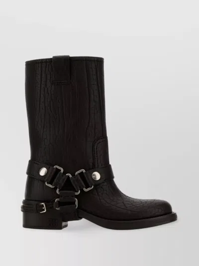 Miu Miu Leather Block Heel Ankle Boots In Black