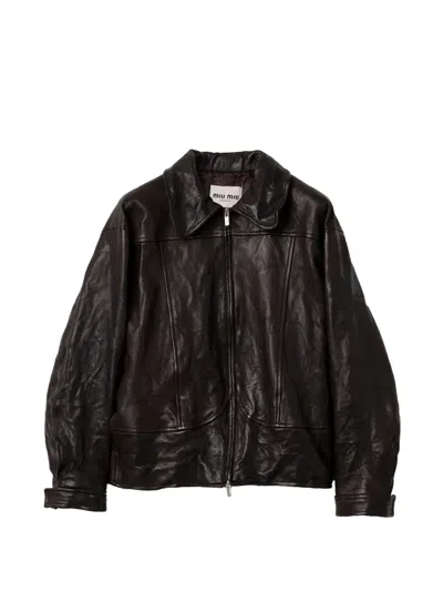 Miu Miu Leather Blouson Jacket In Brown
