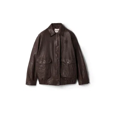 Miu Miu Leather Blouson Jacket In Brown