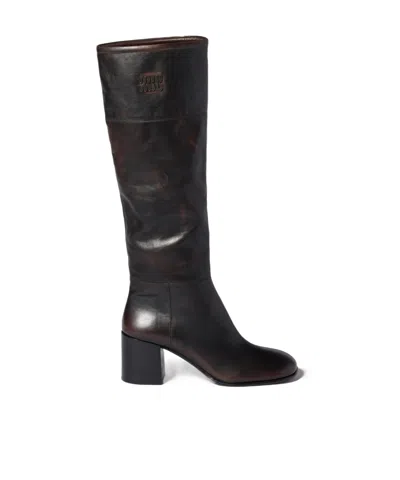 Miu Miu Leather Boots In Brown