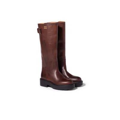 Miu Miu Leather Boots In Brown