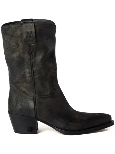 Miu Miu Leather Boots In Schwarz