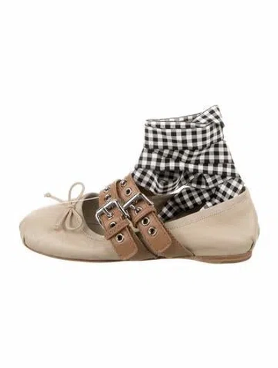 Pre-owned Miu Miu Leather Bow Accents Ballet Flats In Neutral