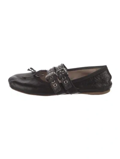 Pre-owned Miu Miu Leather Bow Accents Mary Jane Flats In Black
