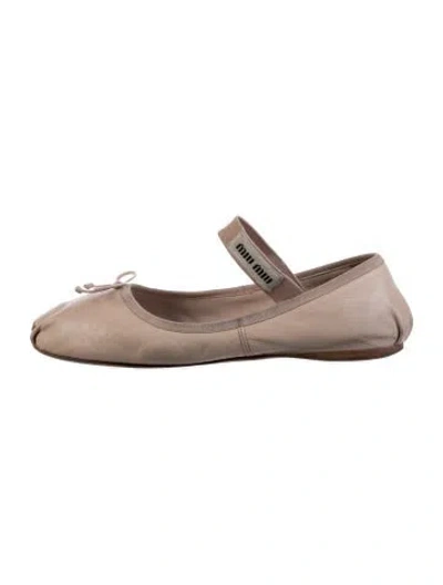 Pre-owned Miu Miu Leather Bow Accents Mary Jane Flats In Neutral
