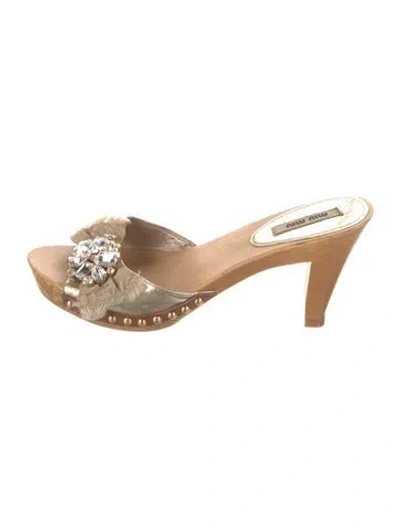 Pre-owned Miu Miu Leather Bow Accents Slides In Brown/gold/metallic