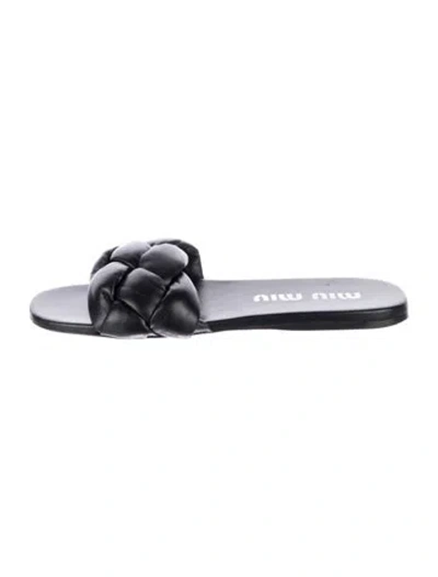 Pre-owned Miu Miu Leather Braided Accents Slides In Black