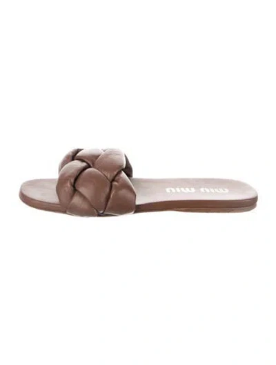 Pre-owned Miu Miu Leather Braided Accents Slides In Brown