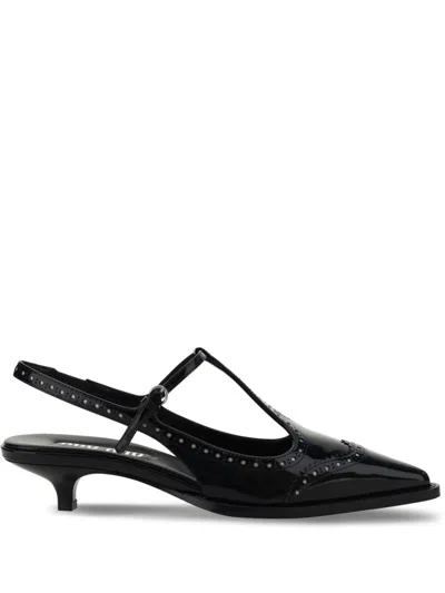 Miu Miu Brushed Leather Brogue Slingback T-strap Pumps In Black
