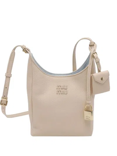 Miu Miu Leather Bucket Bag With Adjustable Shoulder Strap In Neutral