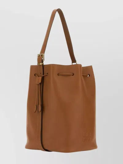 Miu Miu Leather Bucket Bag With Adjustable Shoulder Strap In Brown