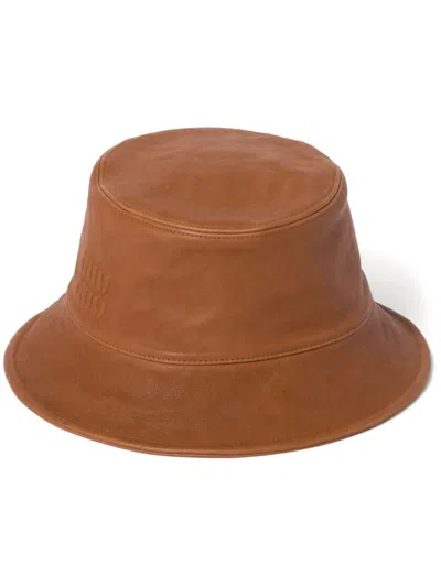 Miu Miu Leather Bucket Hat In Braun
