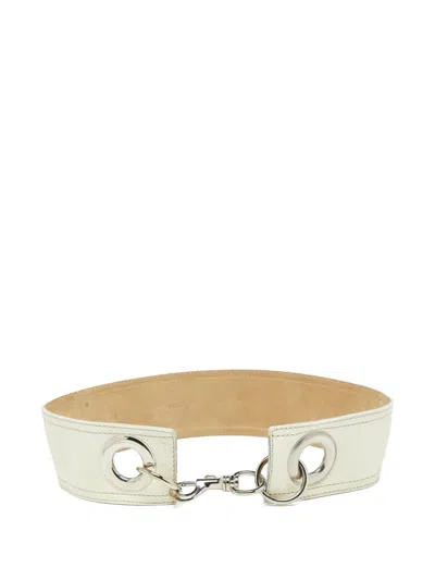 Pre-owned Miu Miu Leather Buckle Waist Belt In White