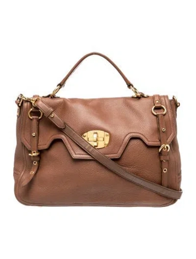 Pre-owned Miu Miu Leather Cervo Deerskin Buckles East West Satchel In Brown