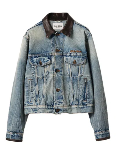 MIU MIU LEATHER-COLLAR DENIM JACKET