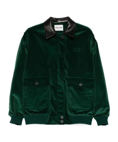 Miu Miu Leather-collar Jacket In Green
