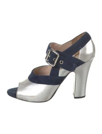 Pre-owned Miu Miu Leather Colorblock Pattern Mules In Blue