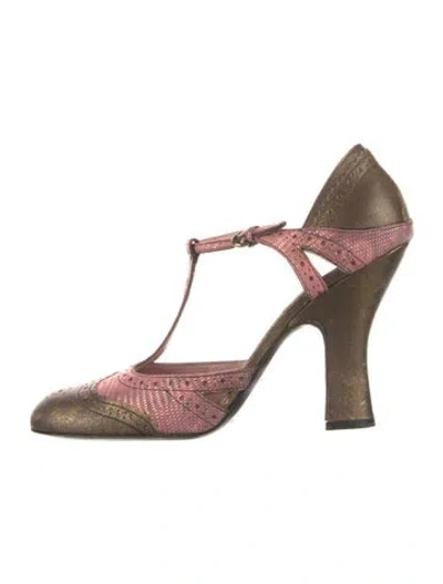 Pre-owned Miu Miu Leather Colorblock Pattern T-strap Pumps In Brown