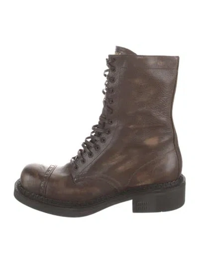 Pre-owned Miu Miu Leather Combat Boots In Brown