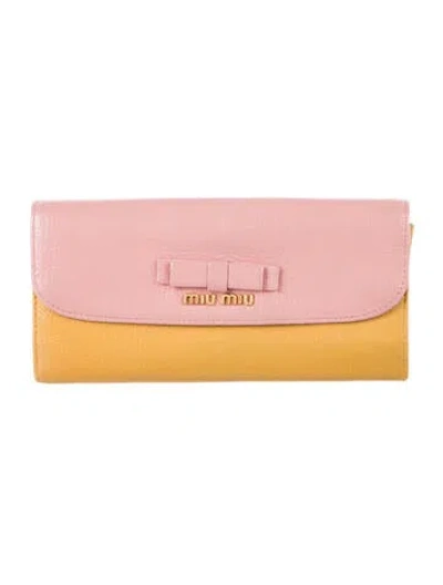 Pre-owned Miu Miu Leather Continental Wallet In Pink/yellow