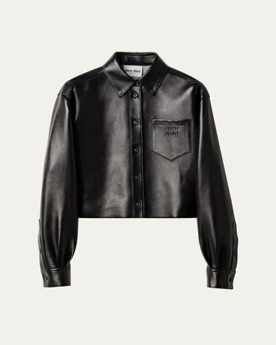 Miu Miu Leather Crop Shirt Jacket In Black