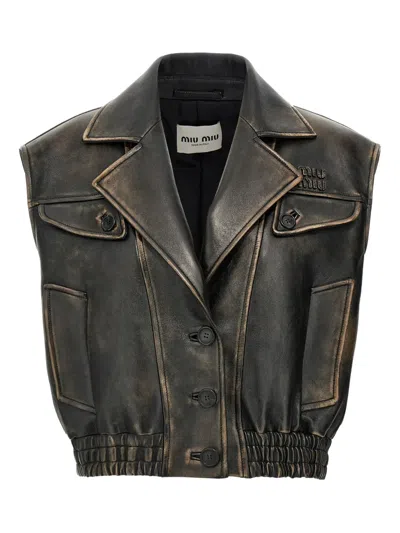 Miu Miu Nappa Leather Vest Notch Lapels Waistband In Black