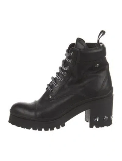 Pre-owned Miu Miu Leather Crystal Embellishments Combat Boots In Black