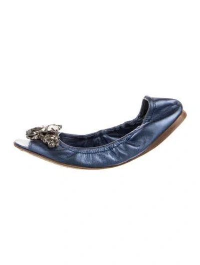Pre-owned Miu Miu Leather Crystal Embellishments Flats In Blue