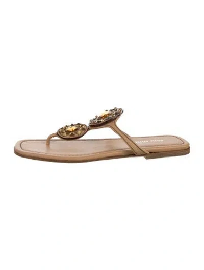 Pre-owned Miu Miu Leather Crystal Embellishments Flip Flops In Brown/neutrals