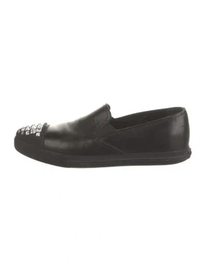 Pre-owned Miu Miu Leather Crystal Embellishments Loafers In Black