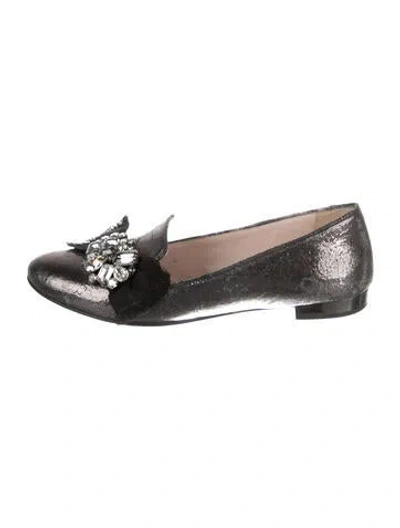 Pre-owned Miu Miu Leather Crystal Embellishments Loafers In Gray