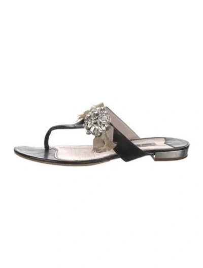 Pre-owned Miu Miu Leather Crystal Embellishments Slides In Black