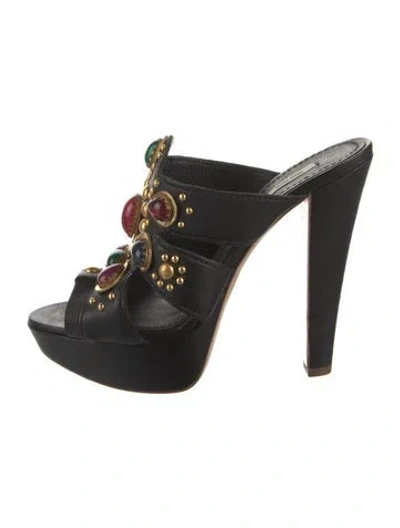 Pre-owned Miu Miu Leather Crystal Embellishments Slides In Black