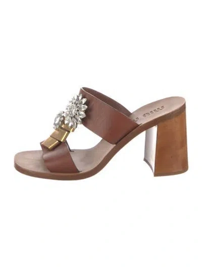 Pre-owned Miu Miu Leather Crystal Embellishments Slides In Brown
