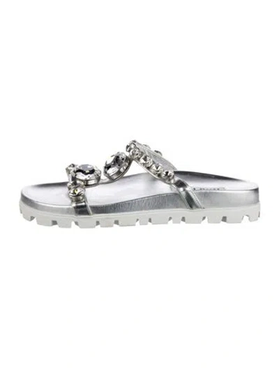 Pre-owned Miu Miu Leather Crystal Embellishments Slides In Silver