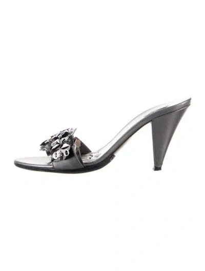 Pre-owned Miu Miu Leather Crystal Embellishments Slides In Silver