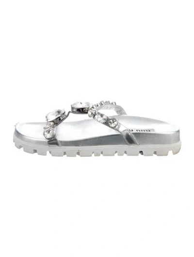 Pre-owned Miu Miu Leather Crystal Embellishments Slides In Silver