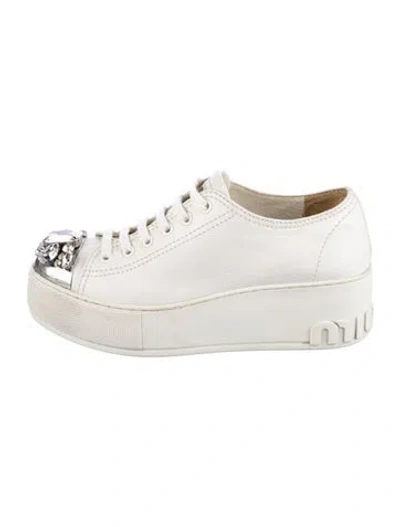 Pre-owned Miu Miu Leather Crystal Embellishments Sneakers In Neutral