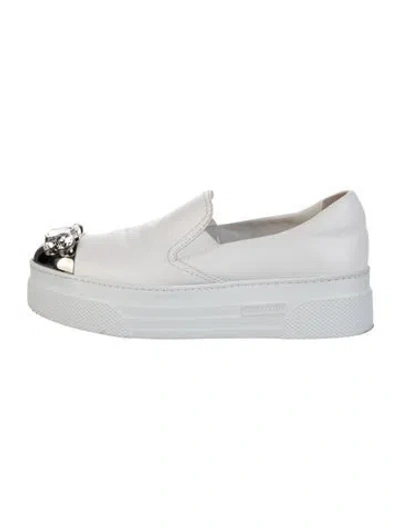 Pre-owned Miu Miu Leather Crystal Embellishments Sneakers In White