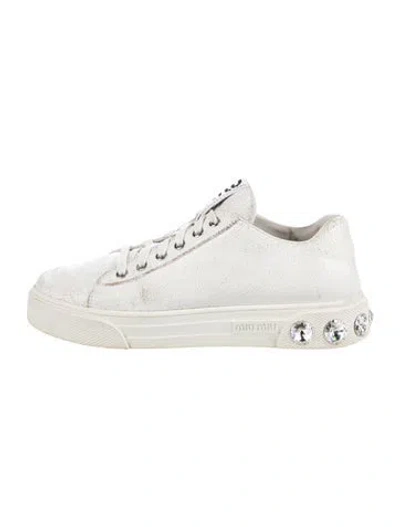 Pre-owned Miu Miu Leather Crystal Embellishments Sneakers In White