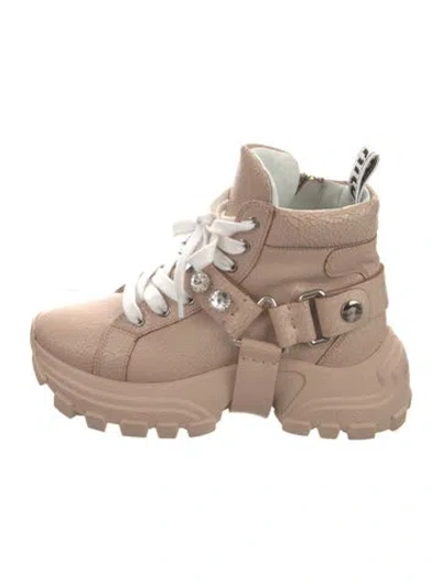 Pre-owned Miu Miu Leather Crystal Embellishments Wedge Sneakers In Neutral