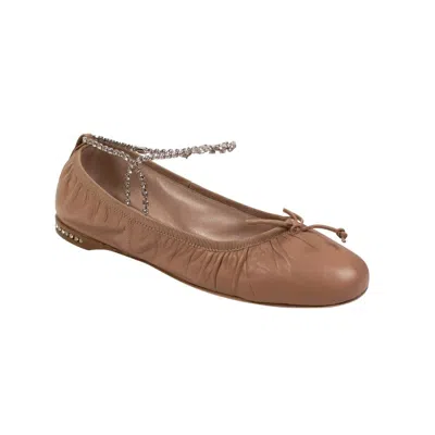 Miu Miu Leather Crystal Strap Ballerina Shoes - Beige Nude In Brown